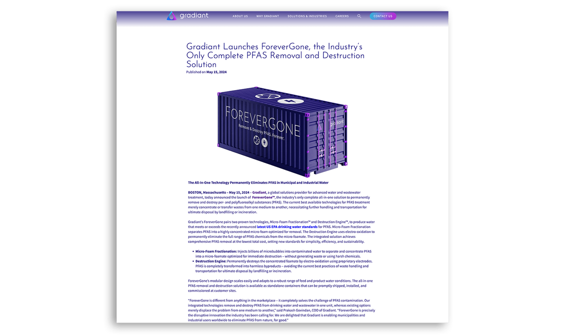 Gradiant's press release for ForeverGone