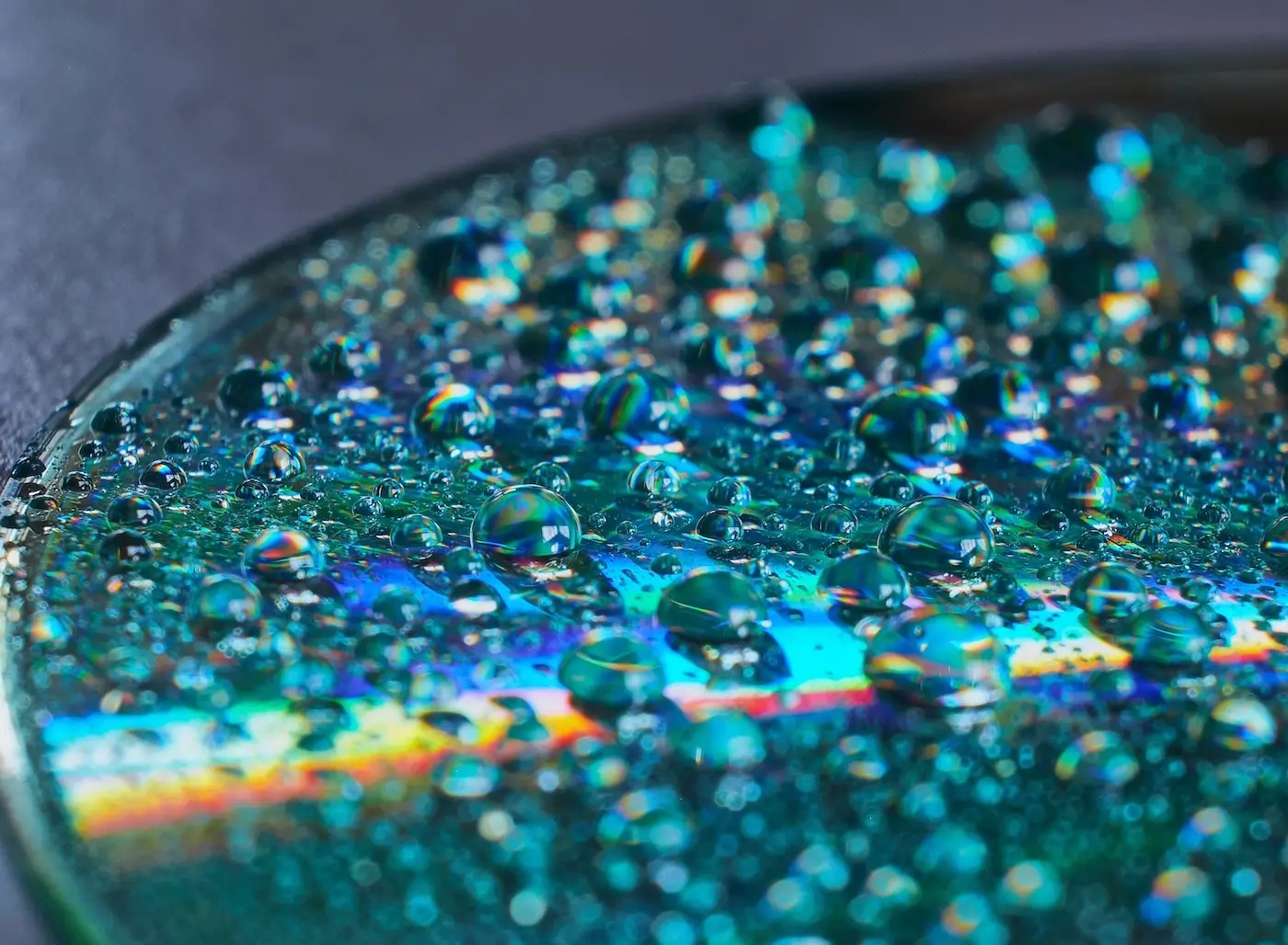 Water drops creating a rainbow due to the light, showing Gradiant's commitment to giving nature water back.