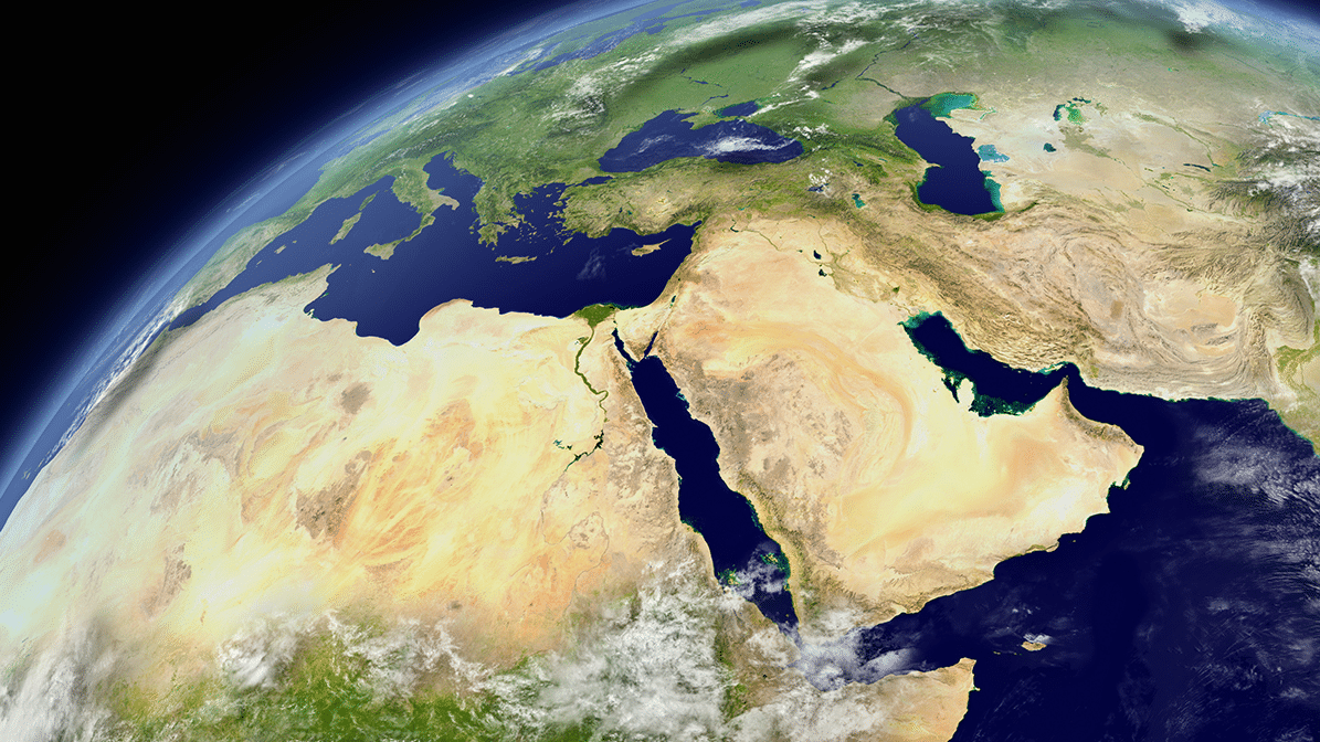 Satellite view of the Middle East and North Africa, highlighting Saudi Arabia and surrounding desert regions, illustrating the geographical context of water scarcity challenges and desalination needs addressed in the article.