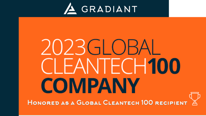 Gradiant honored as a 2023 Global Cleantech 100 Company with a bold orange banner and trophy icon recognition.