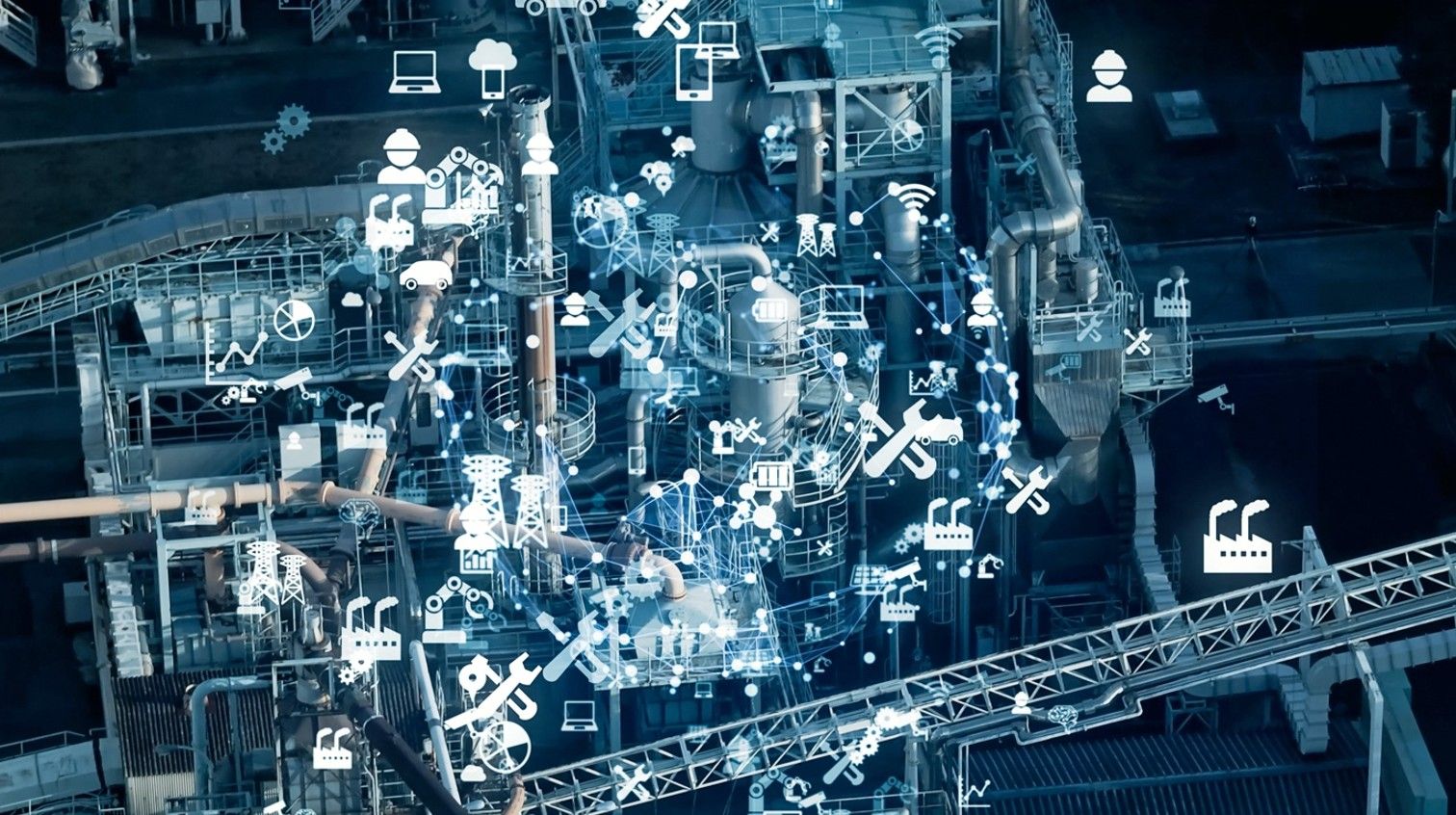 Industrial wastewater treatment facility with digital overlays representing AI-driven monitoring and predictive analytics.
